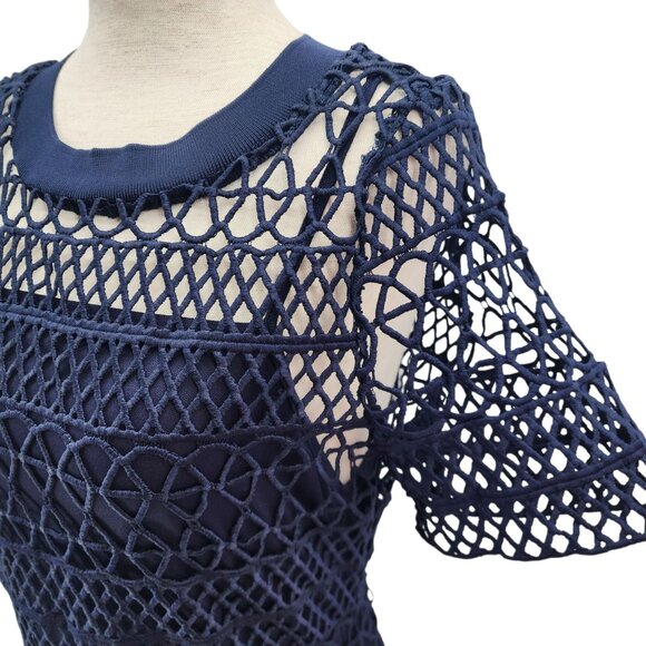 Lucy Paris Womens Small Dress Embroidered Overlay In Navy Crochet Mini Cocktail - Picture 3 of 10